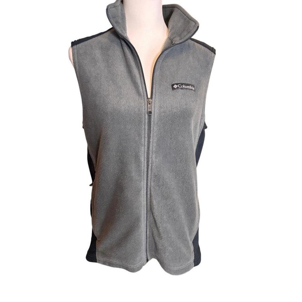 Columbia Mens Outdoor Grey Black Fleece Full Zip Vest Mock Neck Outdoor Layer S